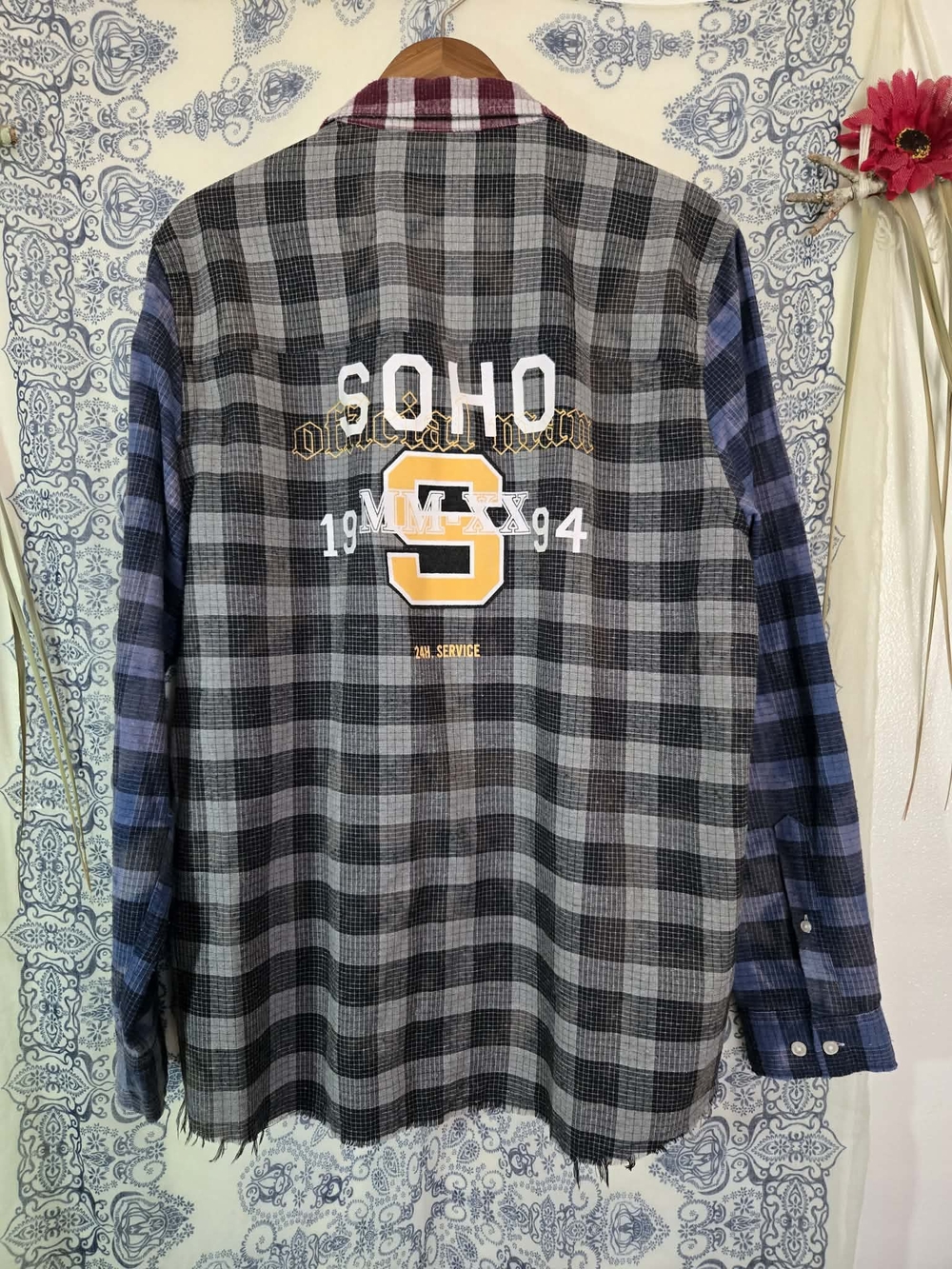 BoohooMAN L Patchwork Plaid Shirt Grunge Streetwear Boho Blokecore Graphic Butto - Picture 7 of 9